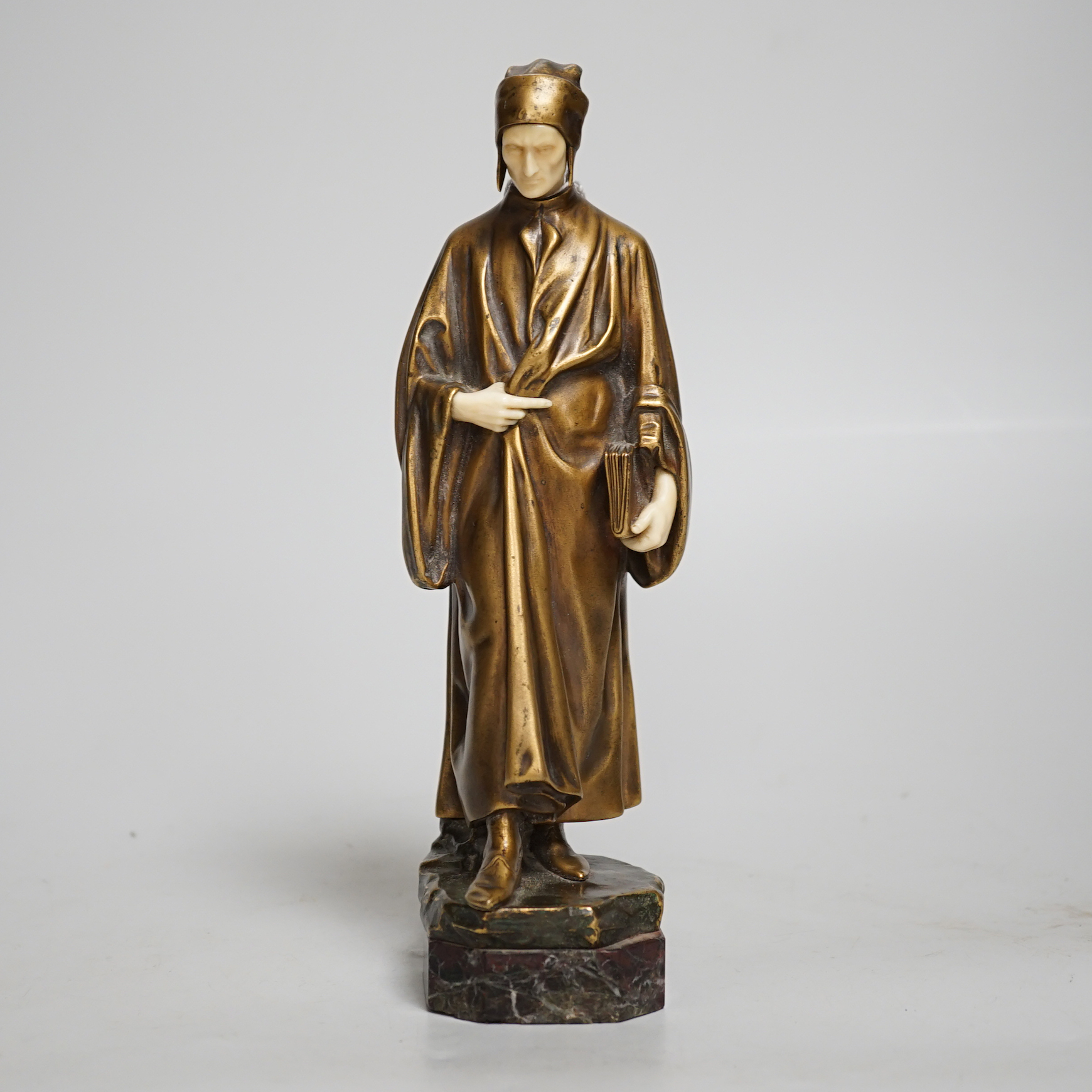 A. Faguelle. A bronze and ivory figure of Dante, c.1900, foundry Susse Frere Ed. Paris, 21cm high. Ivory submission reference W6JZW8QL
